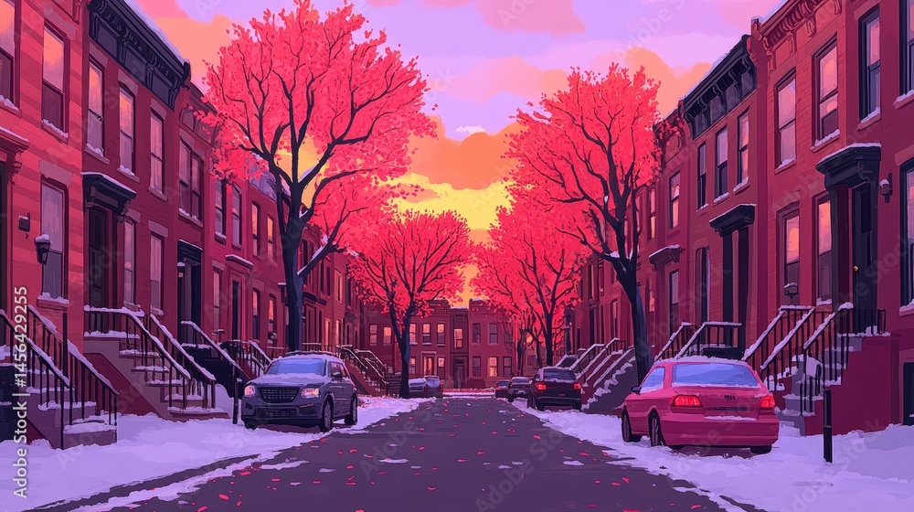 Obraz premium Pixelated cityscape winter view with sunset and snow covered gro