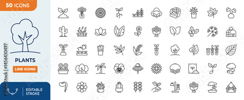 Plants line editable icon set. Containing icons related to plants, floral, etc. Editable stroke. Vector illustration