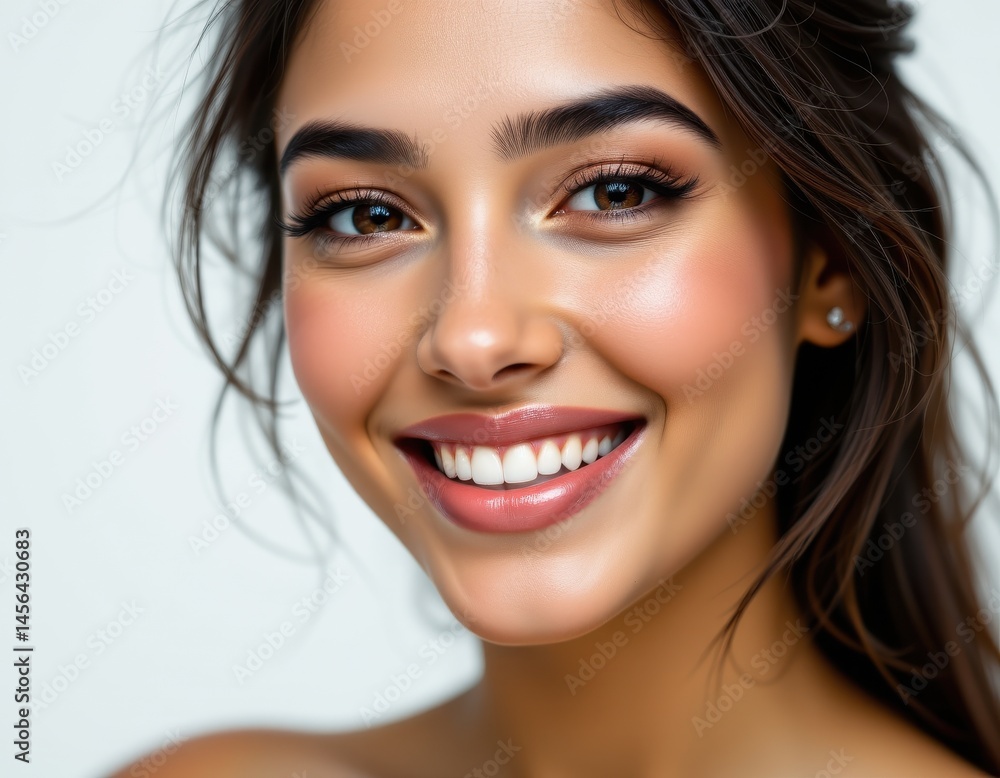 a closeup photo portrait of a beautiful young asian indian model woman smiling with clean teeth. used for a dental ad