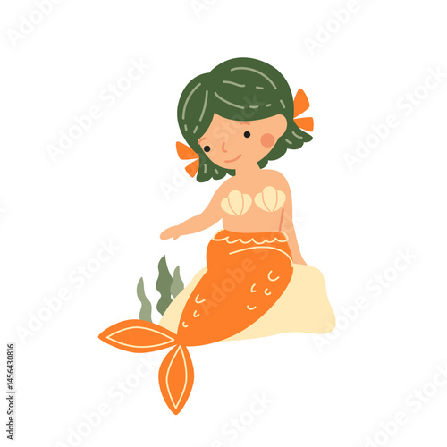 Cute cartoon mermaid with green hair and an orange tail sitting next to seaweed. Vector illustration