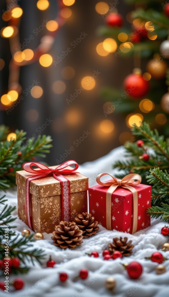 christmas and new year background gift boxes and pine cones and branches on the background of bokeh garlands christmas and new year background gift boxes and pine cones and branches on the background of bokeh garlands