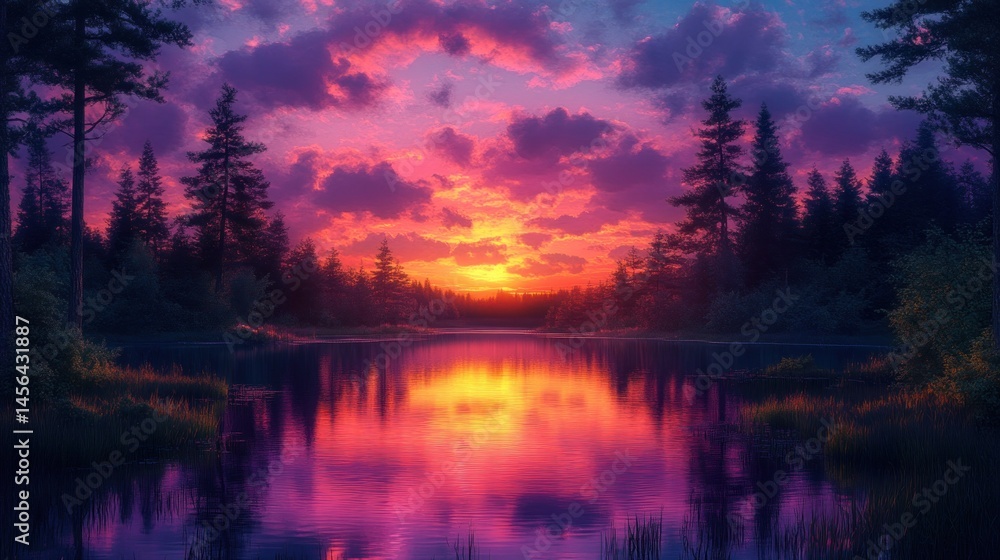 Fototapeta premium Sunset over a lake, forest reflections
