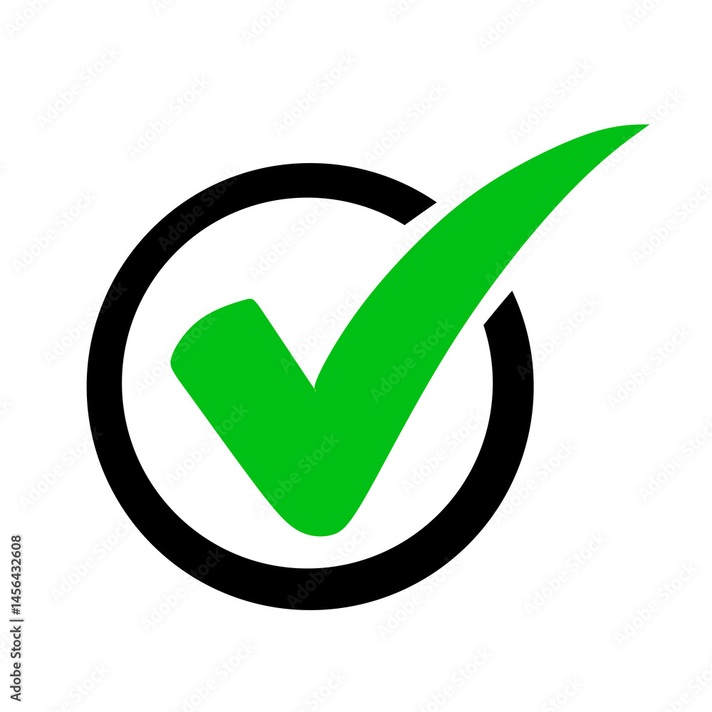 Green check mark icon with black circle. Check mark vector icon Green check mark icon with black circle. Check mark vector icon
