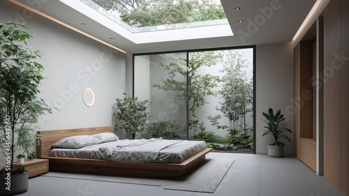 Modern Zen Bedroom with Indoor Garden and Skylight bedroom zen garden skylight modern architecture