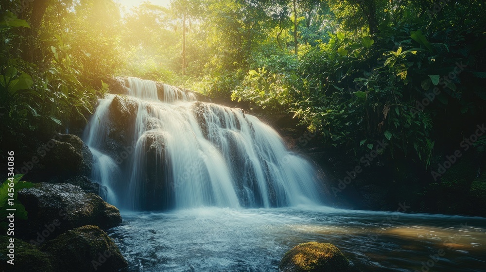 Obraz premium Serene Waterfall Cascading Through Lush Tropical Rainforest in Sunlight