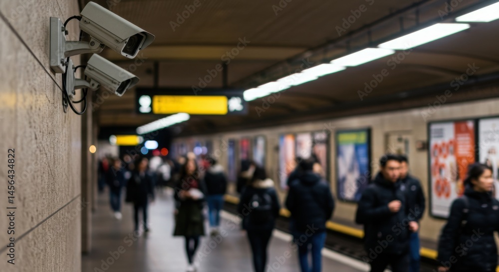 Surveillance cameras monitoring commuters at subway station Surveillance cameras monitoring commuters at subway station