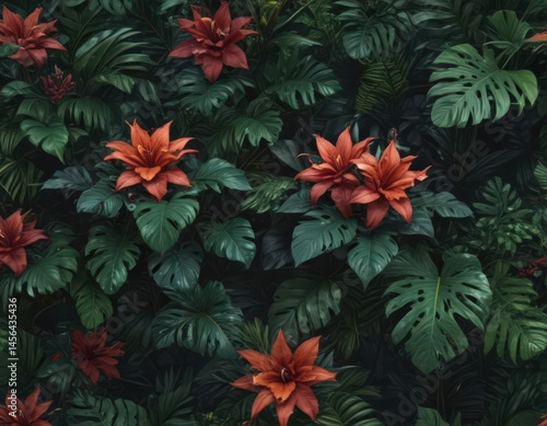 Intricate dark green leaves, vibrant exotic blooms, lush jungle texture , background, botanical