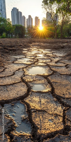Obraz na płótnie Cracked earth with water puddles reflecting the sunset in an urban park, with skyscrapers in the background. A scene symbolizing urban drought conditions. w salonie