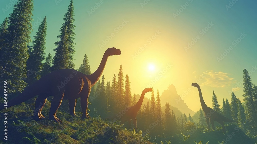 Three sauropod dinosaurs walking at sunrise among trees in a prehistoric mountainous landscape. Warm light and mystical atmosphere in the scene.