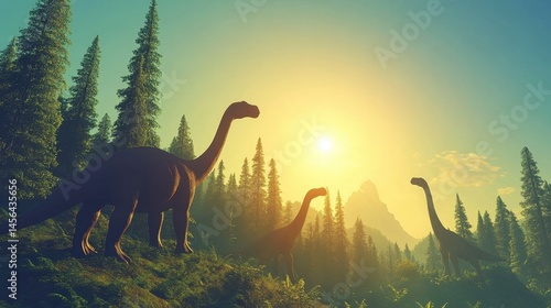 Obraz na płótnie Three sauropod dinosaurs walking at sunrise among trees in a prehistoric mountainous landscape. Warm light and mystical atmosphere in the scene. w salonie