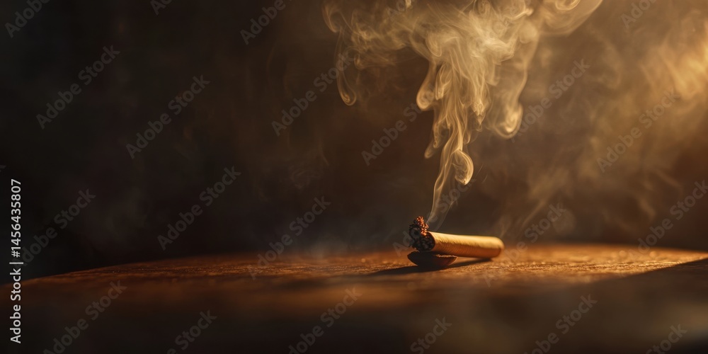 Half-burned cigarette on wooden table in dark ambiance, with spiraling smoke and warmly lit background.