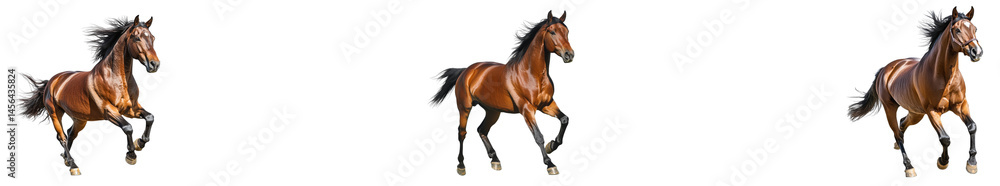 Obraz premium Three chestnut horses galloping, rearing, isolated, cut out transparent