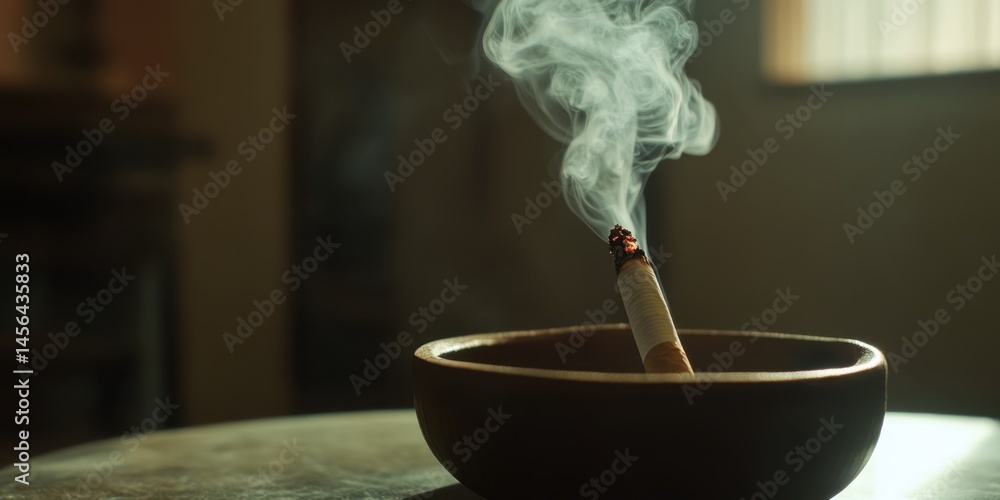Lit cigarette in wooden ashtray with dark background and warm side light highlighting the rising spiral of smoke.