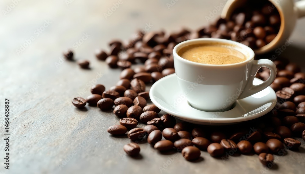 Fototapeta premium Neatly arranged coffee cups & roasted beans ready for tasting , order, specialty coffee
