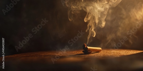 Obraz na płótnie Half-burned cigarette on wooden table in dark ambiance, with spiraling smoke and warmly lit background. w salonie