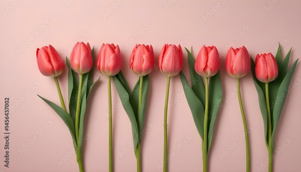 Fototapeta premium A row of stunning pink tulips with green leaves displayed on a soft pink background.