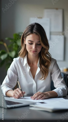 An intellectual business woman conducts important tasks as she examines notes and collaborates with her team in a vibrant office.