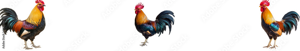 Fototapeta premium Three roosters in varying stances, farm animal, poultry, cut out transparent