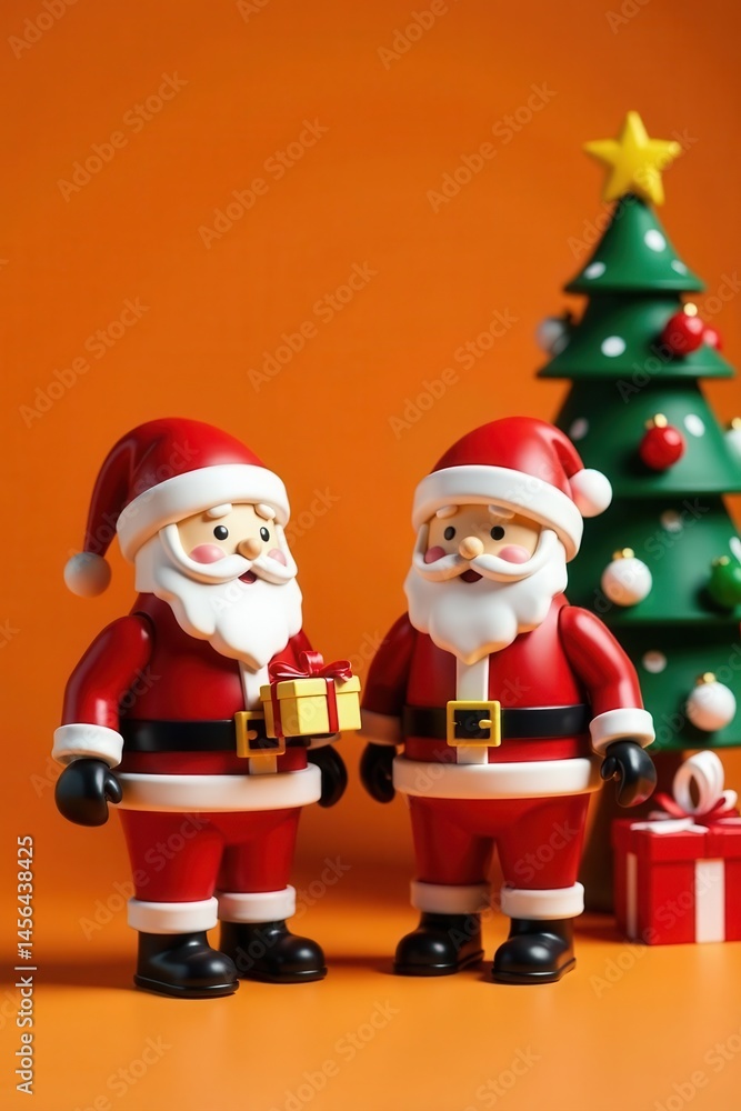 Toy robot Santas with gifts by Christmas tree Orange background , card mockup, robot santa, new year Toy robot Santas with gifts by Christmas tree Orange background , card mockup, robot santa, new year