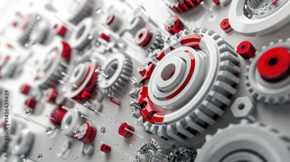 Fototapeta premium Abstract art of cityscape with red spheres and geometric patterns. Modern and futuristic design with a monochrome background. Architecture and urban concept. Geometric shape with white and red. AIG53.