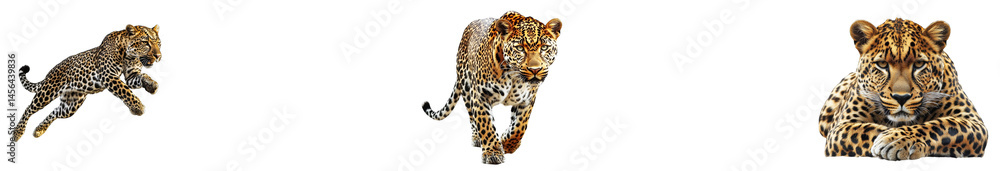 Three wild leopards in different poses, cut out transparent Three wild leopards in different poses, cut out transparent