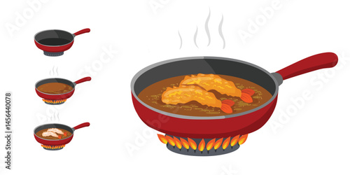 Step by step deep fried freshly fried shrimp, Tempura icons set cartoon vector. Appetizer shrimp. Fried deep.