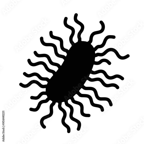 A stylized black silhouette of a bacterium with a central oval shape surrounded by wavy lines.