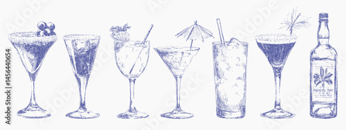 Elegant hand drawn collection of Italian style cocktails and handcrafted drinks with noisy gritty dot halftone effect. Vintage blue ink sketch, retro pop art stipple illustrations for aperitivo bars.
