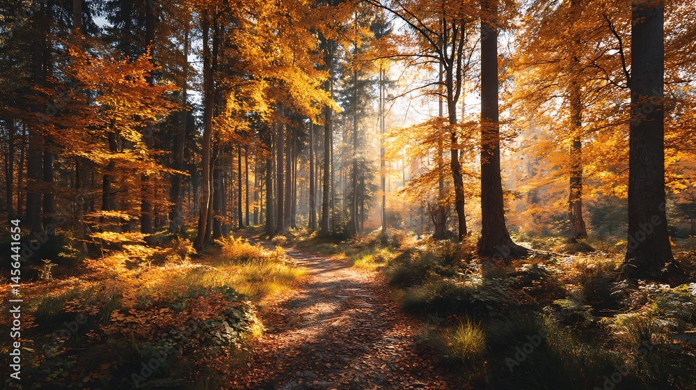Obraz premium Sunlight streams through golden autumn forest path