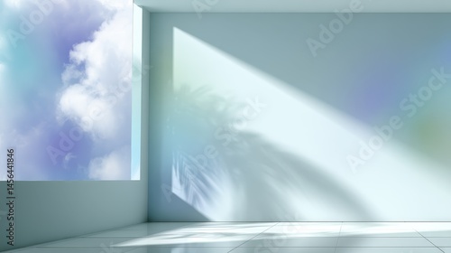 A white minimalist stage features a single spotlight illuminating the space, set against smooth pastel clouds in shades of blue and lavender, evoking tranquility