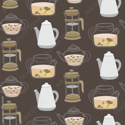 pattern with various glass teapots. Glass, porcelain, transparent teapot for brewing. a kettle for brewing tea at any time. a kettle for a traditional cozy tea party. Flat vector color texture on gray