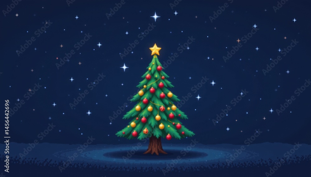 Christmas tree decorated with ornaments and star night sky digital art festive bright cheerful Christmas tree decorated with ornaments and star night sky digital art festive bright cheerful