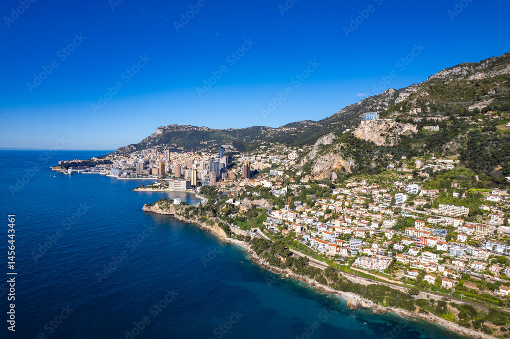 Fototapeta premium Aerial view of Monaco on the French Riviera - Sunshine above the richest city state in the World