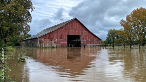 Flooded Red Barn in Rural Autumn Setting A dramatic image of a red barn submerged in floodwaters, surrounded by autumnal trees under a cloudy sky.