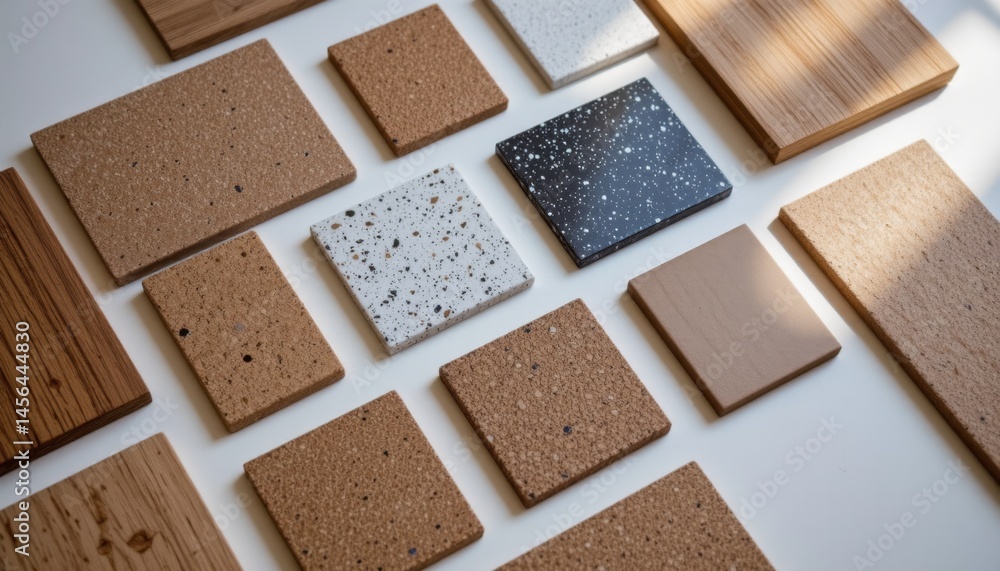 Fototapeta premium Exploring varied textures of wood and stone materials for interior design studio setting photography natural light