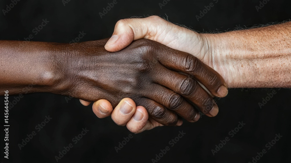 Fototapeta premium Two hands shaking, showing interracial friendship and collaboration