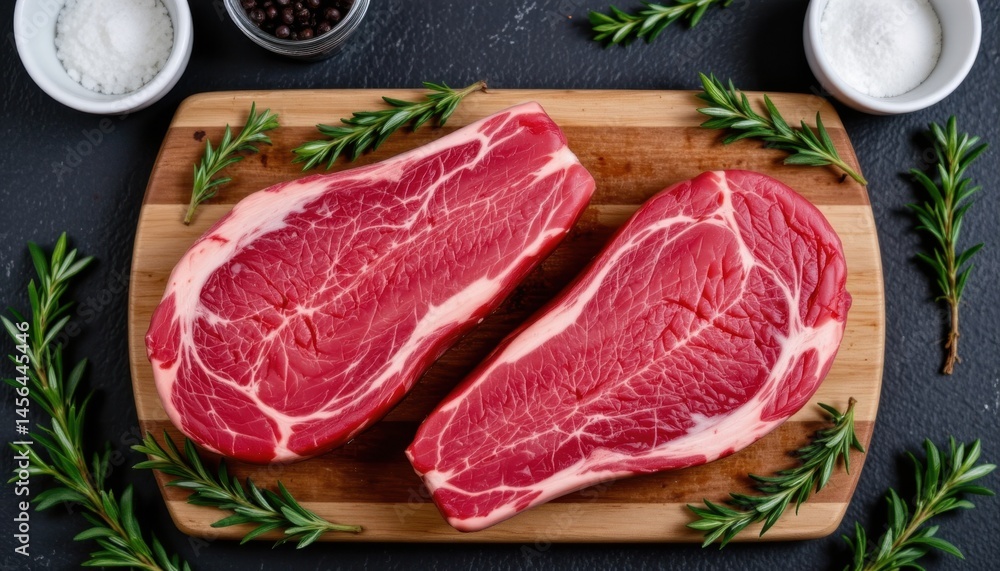 Fototapeta premium Preparing fresh ribeye steak kitchen food photography cozy setting top view culinary art