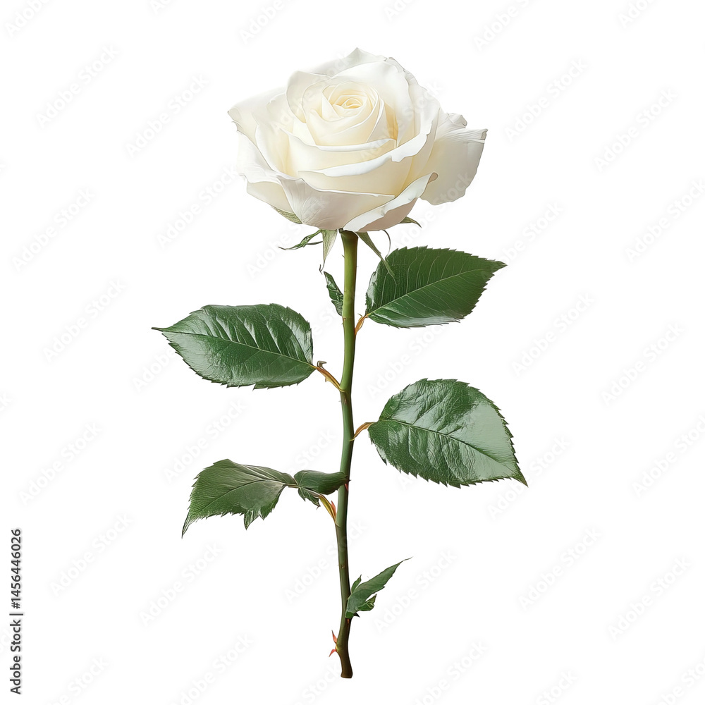 Obraz premium A captivating close-up of a pristine white rose, showcasing its delicate petals and vibrant green leaves. A symbol of purity and beauty.