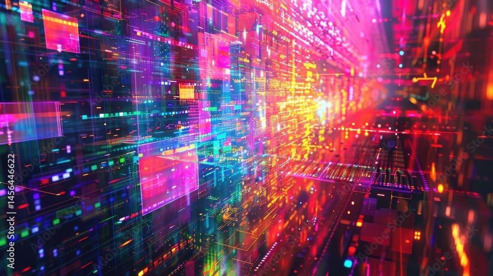 Abstract circuit lines in vibrant colors on a dark background. Digital artwork of vibrant color glowing neon glitch effect. Technology innovation and digital innovation concept. Error pattern. AIG53. Abstract circuit lines in vibrant colors on a dark background. Digital artwork of vibrant color glowing neon glitch effect. Technology innovation and digital innovation concept. Error pattern. AIG53.