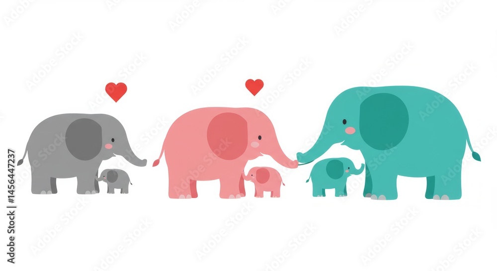 Fototapeta premium Charming vector illustration depicting three families of colorful elephants