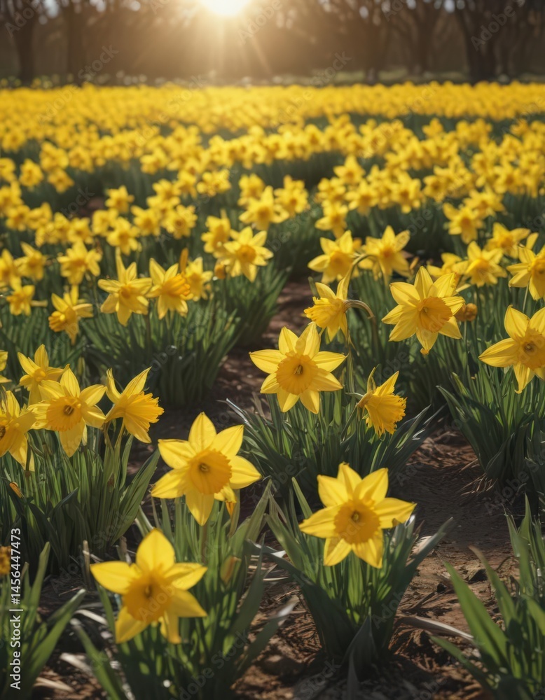 Fototapeta premium Sunlit field of vibrant yellow daffodils in full bloom , yellow flowers, bright, meadow