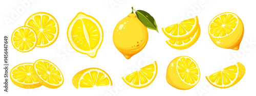 Set of lemons. Whole, halved, sliced ​​lemon. Ripe citrus fruit. Vector illustration isolated on white background.