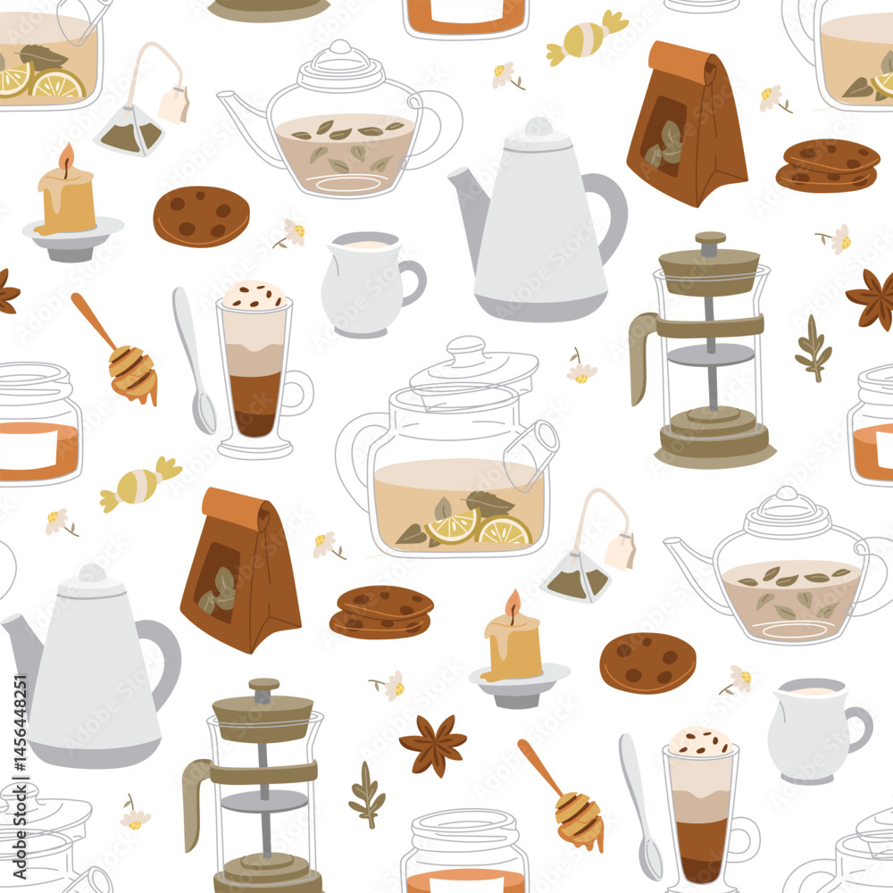 tea party time pattern is colored in the flat doodle style. Teapots, sweets, lemon, tea, packaging. Ideal for use in tea packaging design, kitchen accessories, cafes, culinary blogs and restaurants. tea party time pattern is colored in the flat doodle style. Teapots, sweets, lemon, tea, packaging. Ideal for use in tea packaging design, kitchen accessories, cafes, culinary blogs and restaurants.
