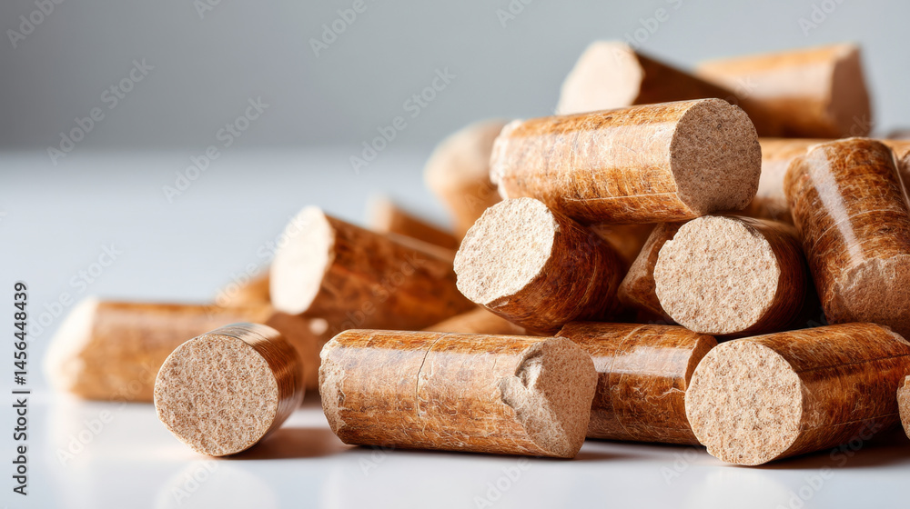 Close-up of smooth cylindrical wooden pellets arranged on bright background Close-up of smooth cylindrical wooden pellets arranged on bright background
