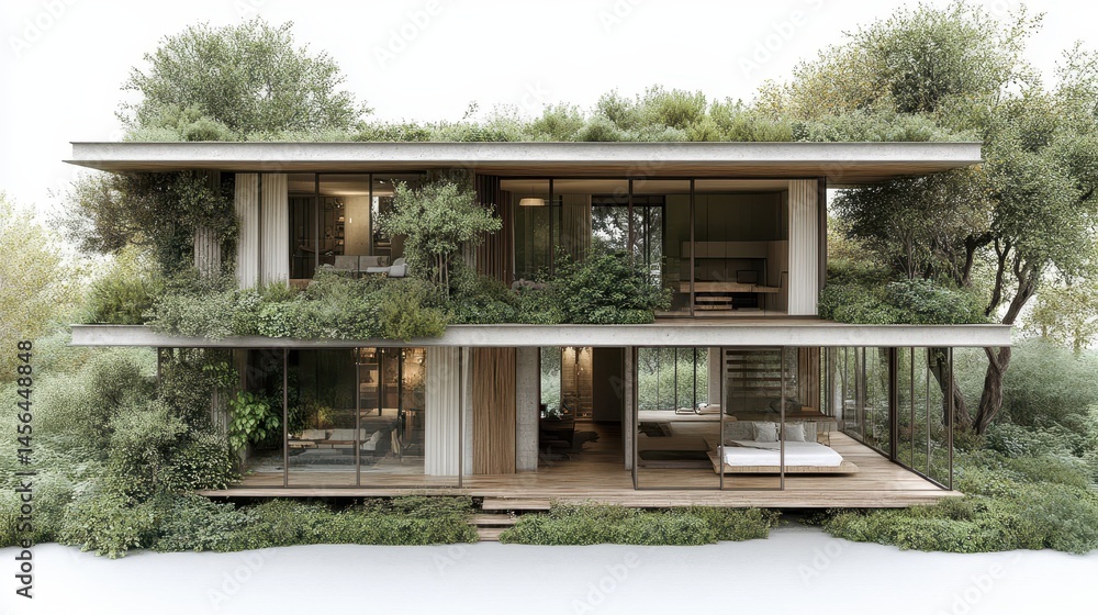 Fototapeta premium Modern eco house design surrounded by lush greenery integrates a