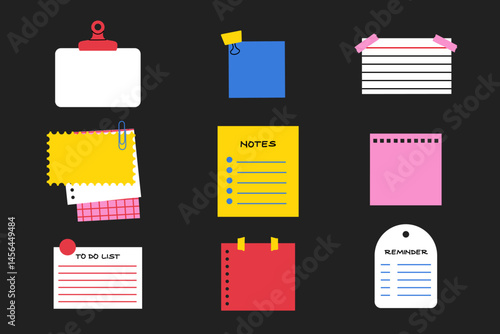 Set of various colorful sticky notes and paper sheets. Blank reminder cards for to-do lists, planners, and schedules. Hand-drawn cartoon style. Vector illustration. All elements isolated on dark backg