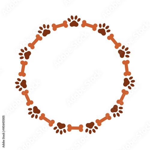 Round frame with dog paws and bones in brown colors. Pet friendly vector design for animal lovers. Isolated decorative element for pet shop and veterinary, banners, posters