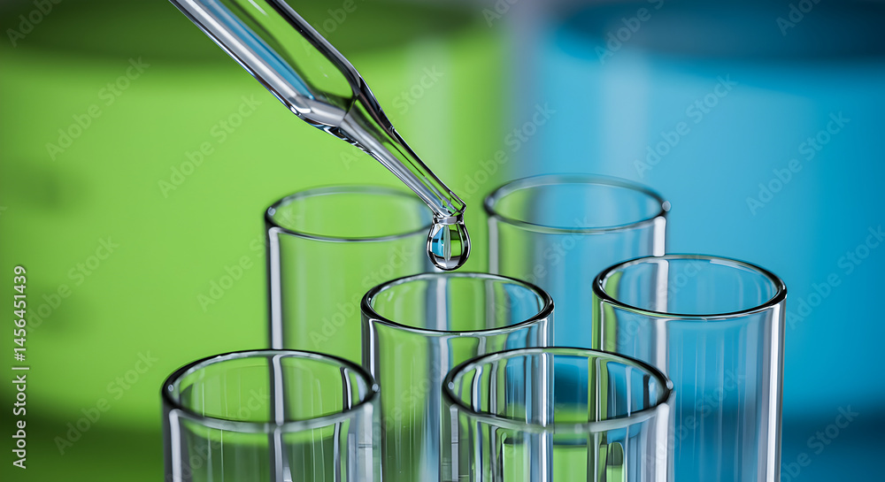 Liquid Drop Falling From Pipette into Test Tubes With Green and Blue Background in a Laboratory Setting Liquid Drop Falling From Pipette into Test Tubes With Green and Blue Background in a Laboratory Setting