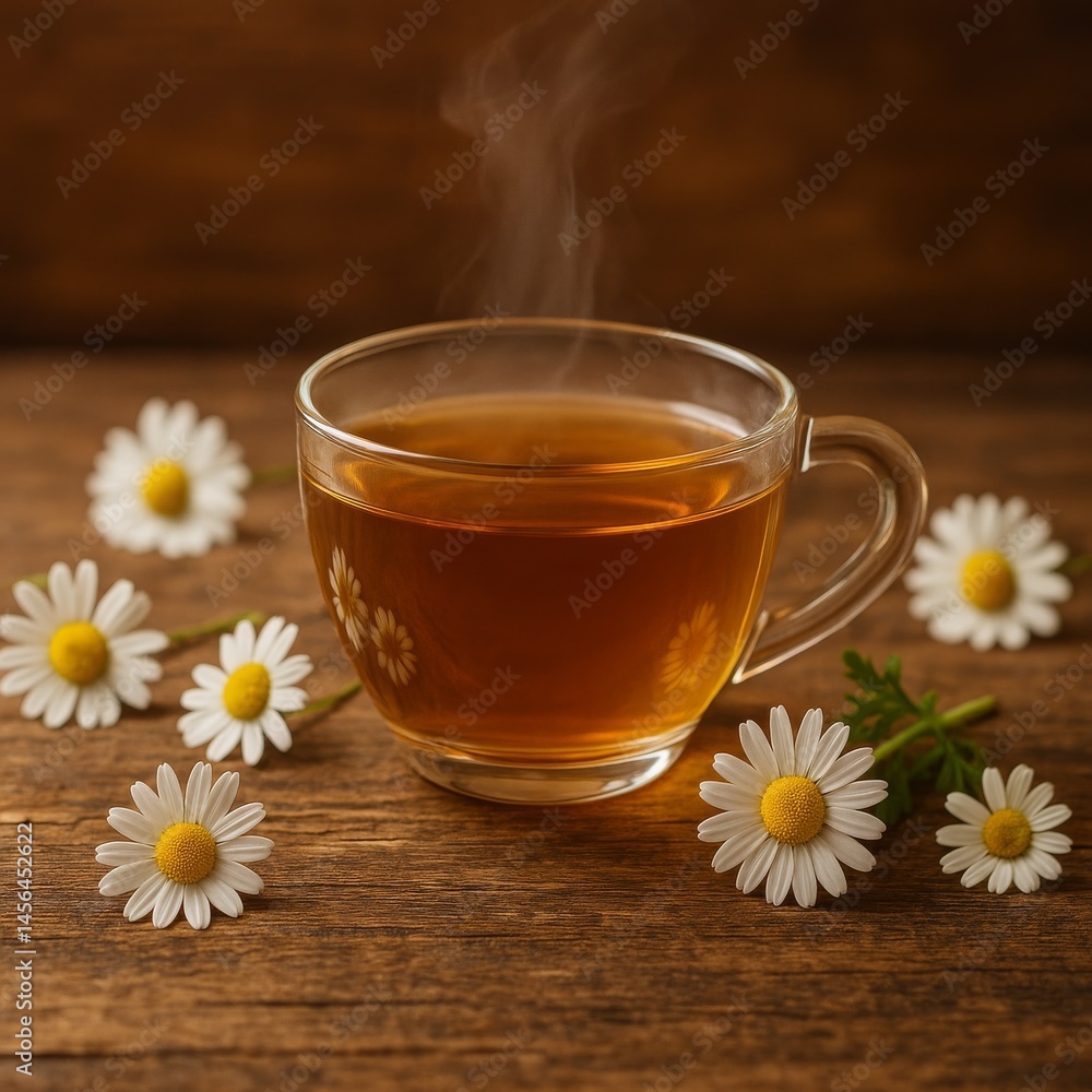 Cup of Chamomile Tea with Fresh Flowers on Wooden Table Cup of Chamomile Tea with Fresh Flowers on Wooden Table
