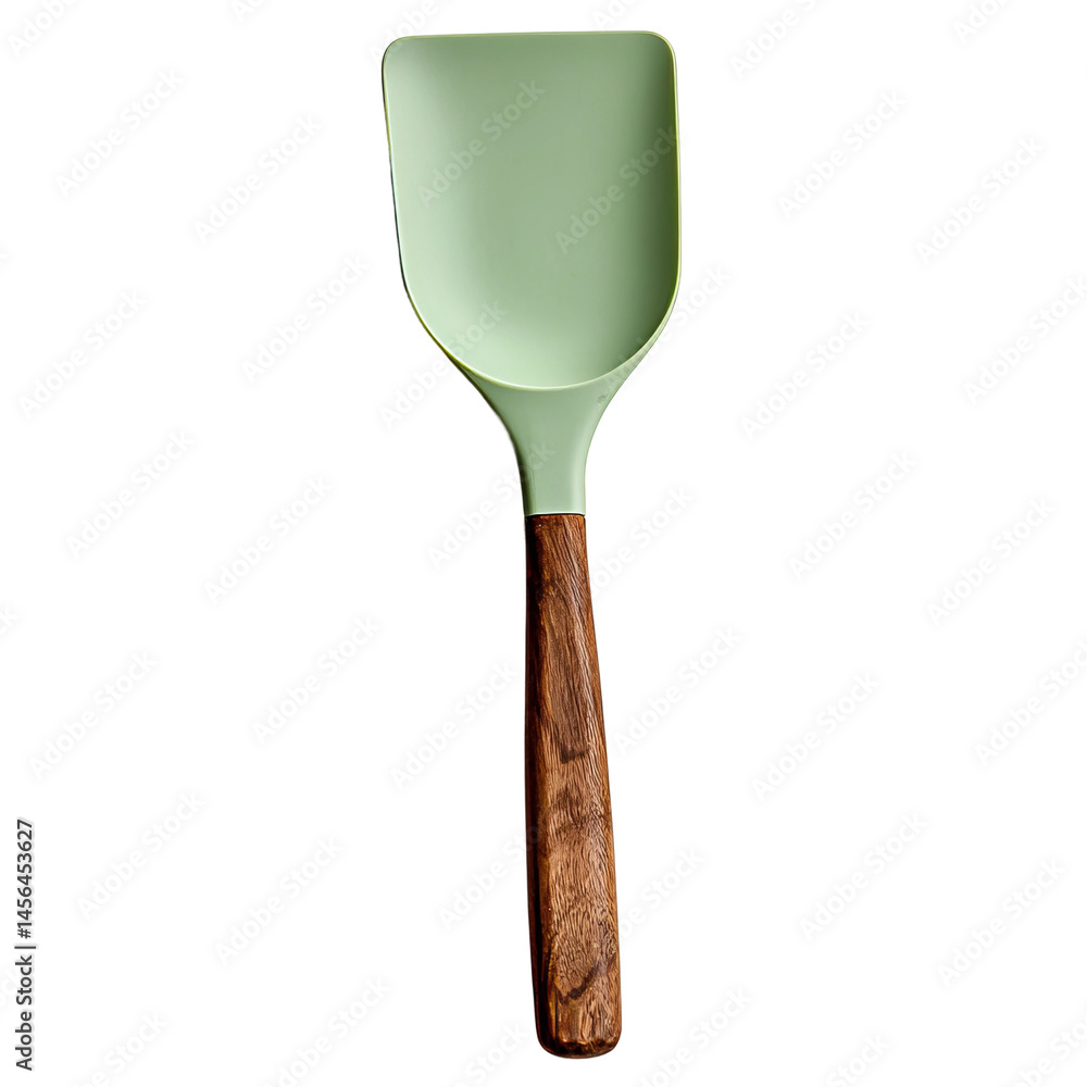 A close-up shot of a green spatula with a wooden handle, showcasing the kitchenware design. The spatula is clean and ready for use A close-up shot of a green spatula with a wooden handle, showcasing the kitchenware design. The spatula is clean and ready for use